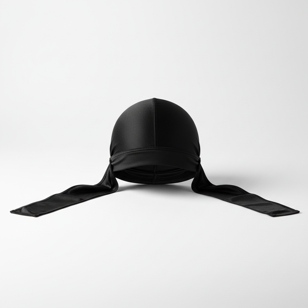 Mr. Durag Spandex Durag, 1 Count, Black laid flat showing smooth, stretchy fabric designed for durable, comfortable hair protection and wave training with a sleek, snug fit.