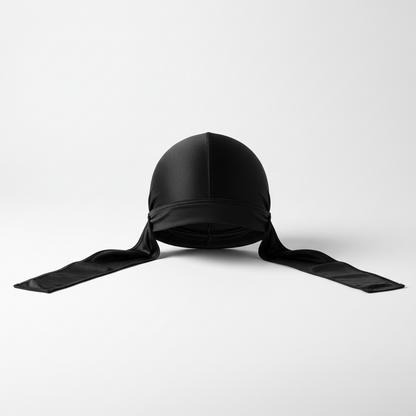 Mr. Durag Spandex Durag, 1 Count, Black laid flat showing smooth, stretchy fabric designed for durable, comfortable hair protection and wave training with a sleek, snug fit.