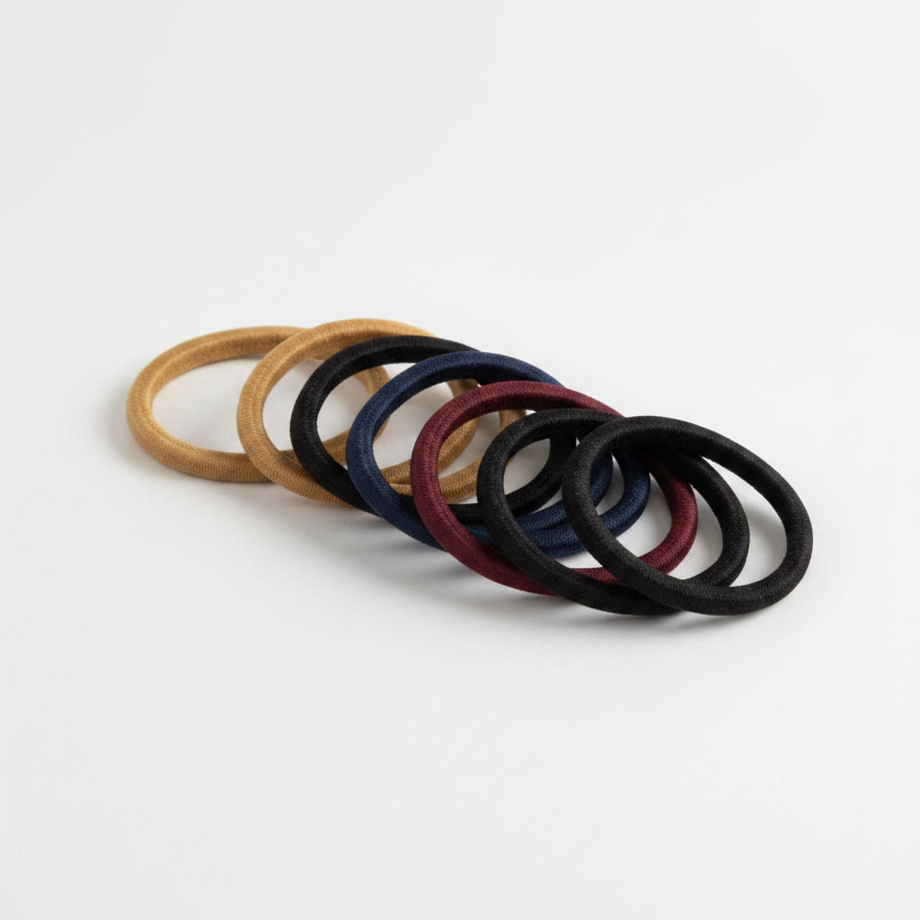 A selection of Annie Tangle Free Ponytailers Thick 5 1/2 Inch, 14 Count, Assorted Color arranged on a white background, featuring durable, snag-free hair bands in multiple shades.