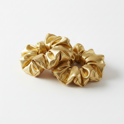 Annie Metallic Scrunchie 5.5 Inch, 2 Count, Gold featuring shiny satin-like fabric with a gathered design, ideal for secure and stylish hair tying for textured and natural hair.