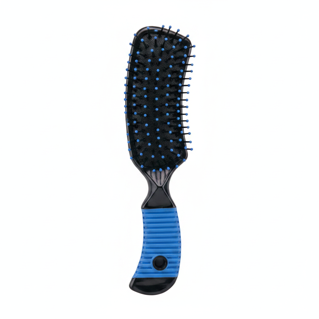 A paddle hairbrush with a black plastic head, blue and black bristles, and a blue and black ribbed handle, shown against a plain white background.
