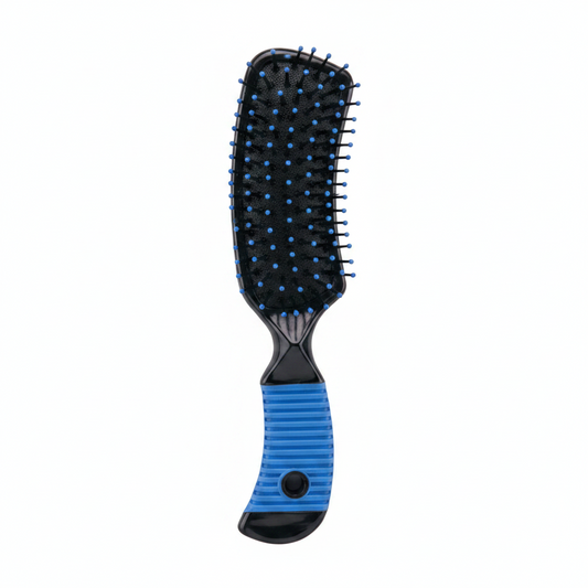 A paddle hairbrush with a black plastic head, blue and black bristles, and a blue and black ribbed handle, shown against a plain white background.