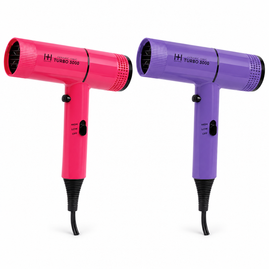 Pink and purple Hot & Hotter Turbo 3000 hair dryers together