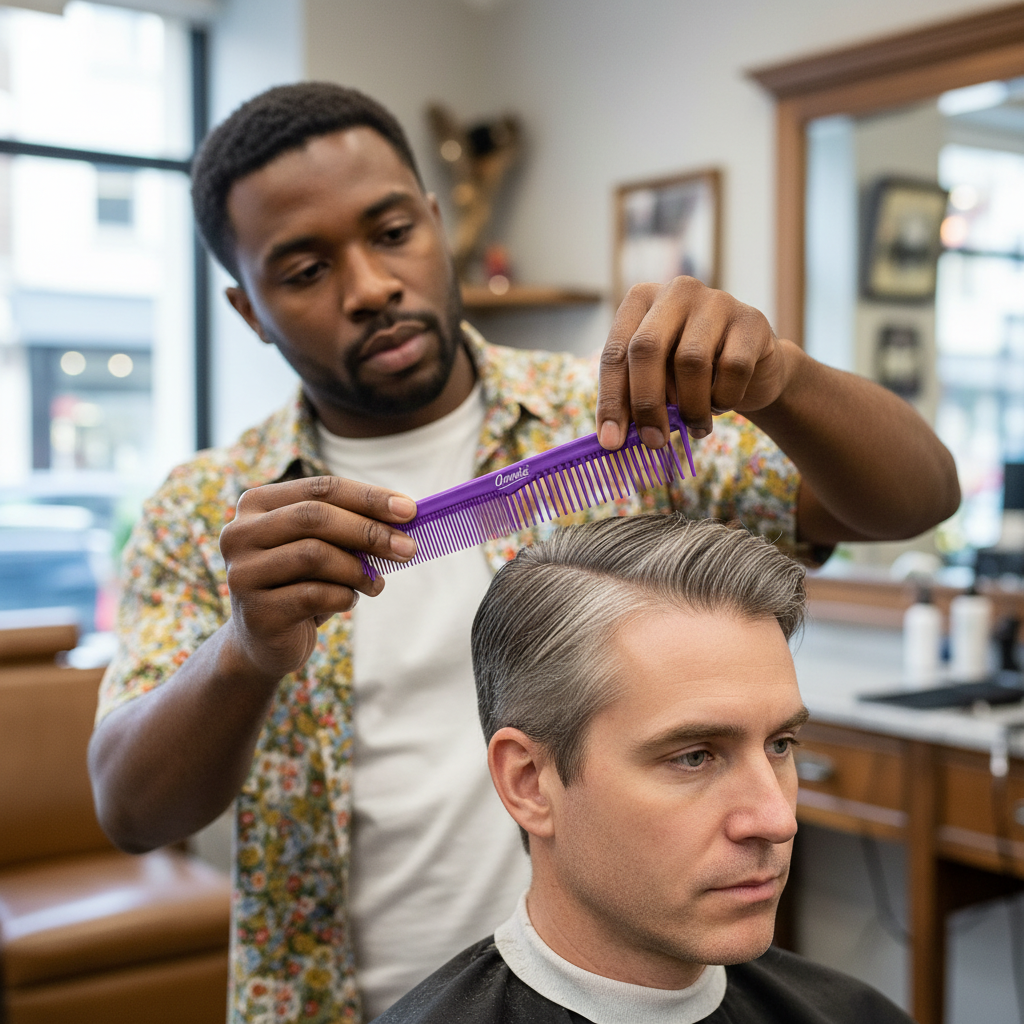 Annie Section Barber Comb with Hook Tip, 1 Count, Assorted in purple being used by a barber to style a man's neatly combed hair in a modern salon setting.