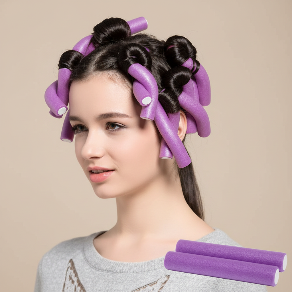 Model showcasing Annie Soft Twist Hair Rollers 3/4 Inch, 4 Count, Purple, with hair neatly wrapped around flexible foam rollers for gentle styling and natural curls.
