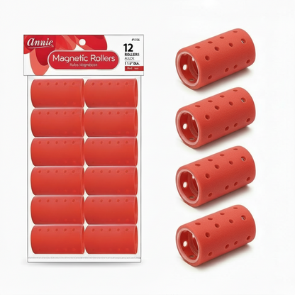 Annie Magnetic Rollers 1 1/2in, 12 Count Hair Curlers, Red