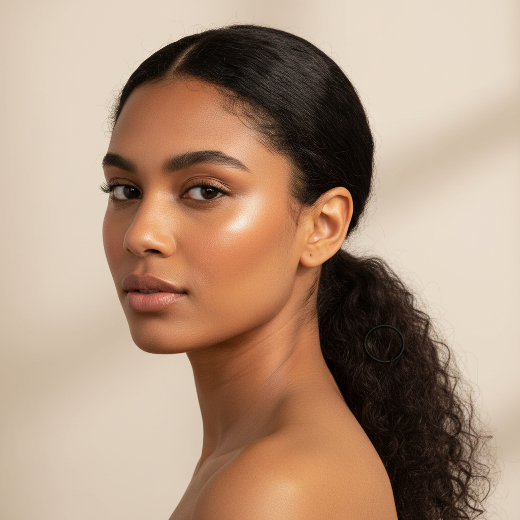 A close-up of a woman with smooth, natural textured hair styled in a low ponytail secured with Annie Tangle Free Ponytailers Thin 3 1/2 Inch, 50 Count, Black, providing gentle hold without snagging.