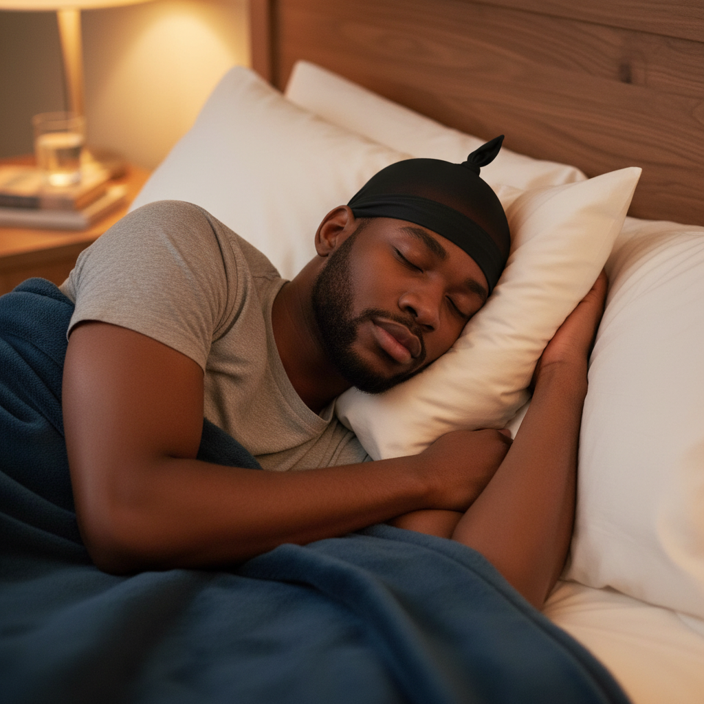 A man sleeping peacefully wearing Mr. Durag Stocking Tie Cap, 1 Count, Black, designed for comfortable hair protection and maintaining hairstyle overnight.