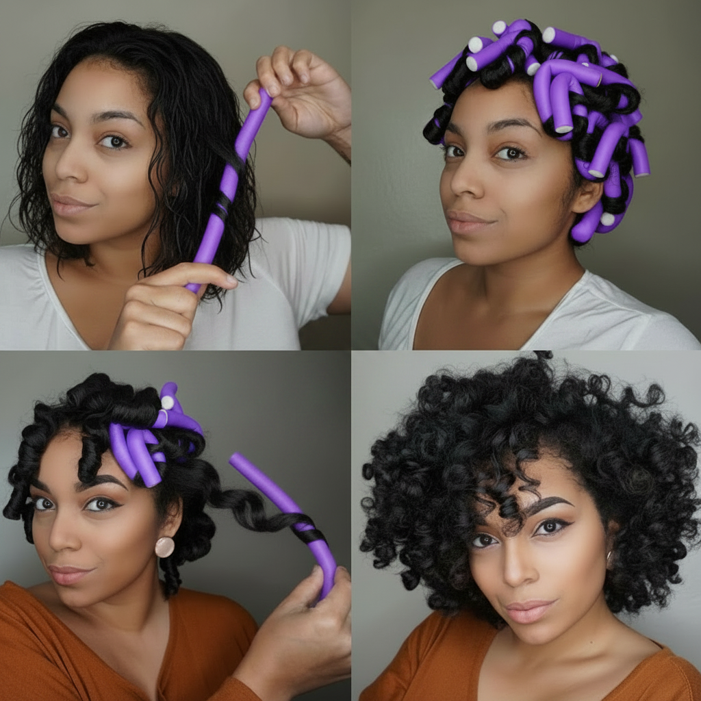 Annie Soft Twist Hair Rollers 3/4 Inch, 4 Count, Purple shown in a step-by-step demonstration of twisting and curling natural textured hair, resulting in defined, voluminous curls.