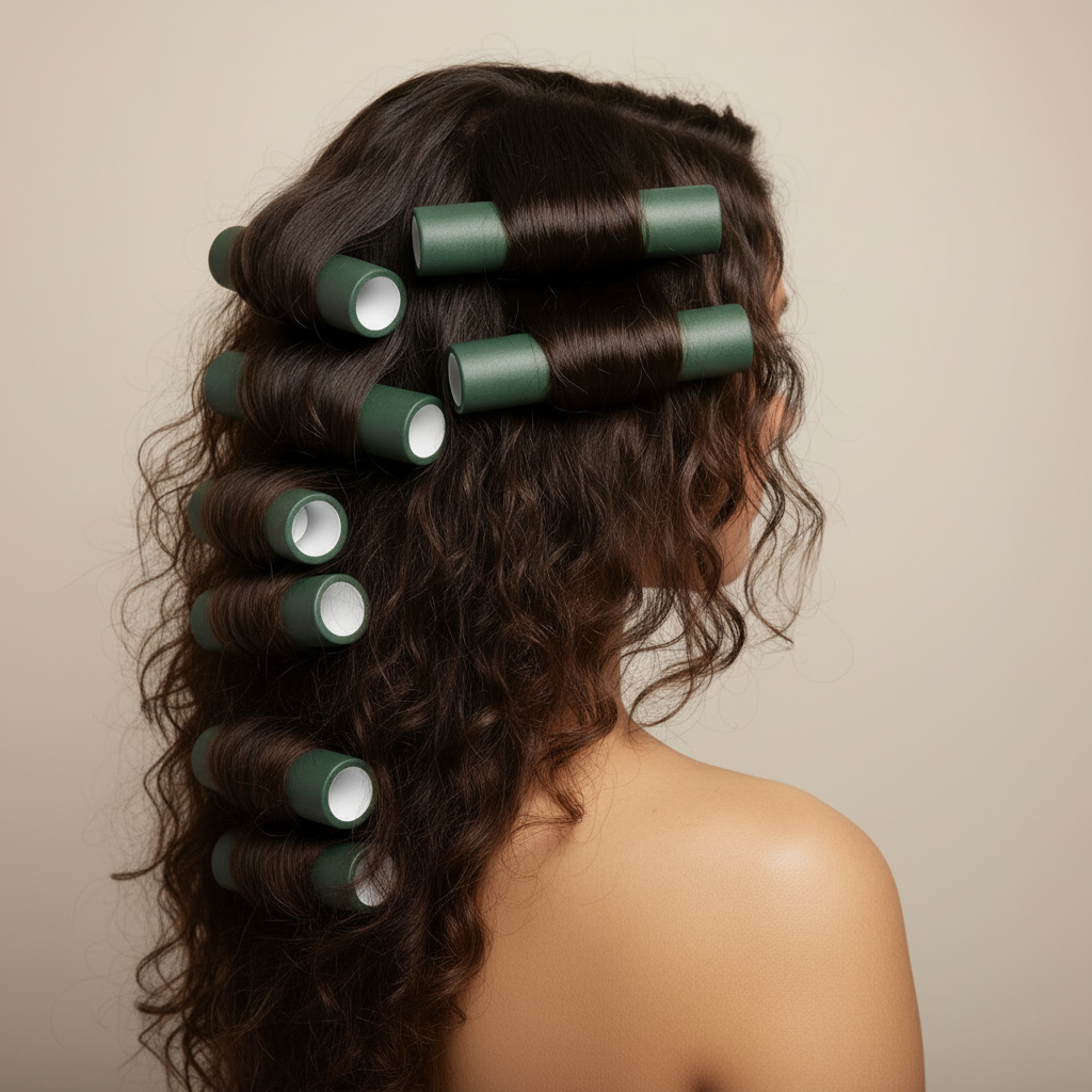 Annie Soft Twist Hair Rollers 1 Inch, 4 Count, Green applied to natural textured hair, demonstrating gentle curling technique for soft, defined waves and salon-quality styling.