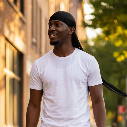 A young man smiling outdoors wearing Mr. Durag Spandex Durag, 1 Count, Black, styled for comfortable, breathable protection and lasting hold in an active street setting.