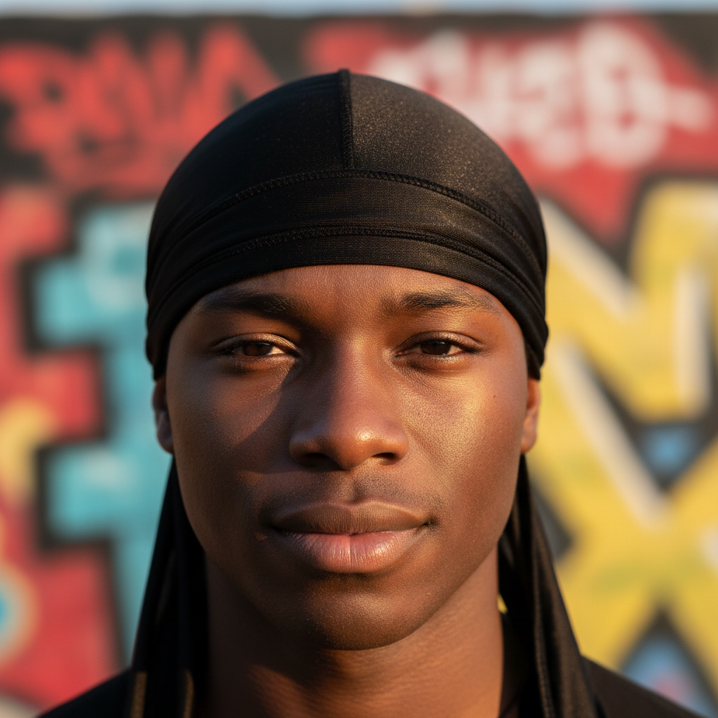 A close-up portrait of a young man wearing Mr. Durag Spandex Durag, 1 Count, Black, featuring smooth, breathable stretch fabric designed for comfortable, secure hair protection.