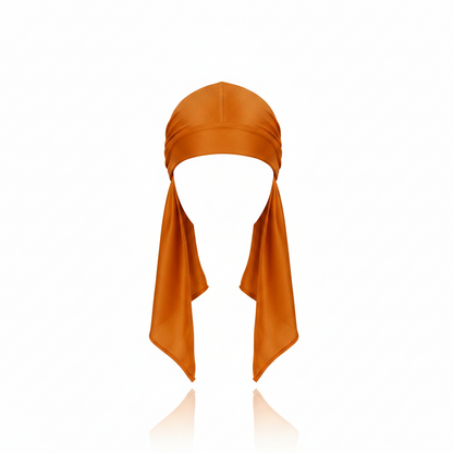 Mr. Durag Solid Durag, 1 Count, Assorted Colors displayed in a rich amber-orange shade, featuring smooth, stretchy fabric with long tail design for effective wave training and comfortable fit.