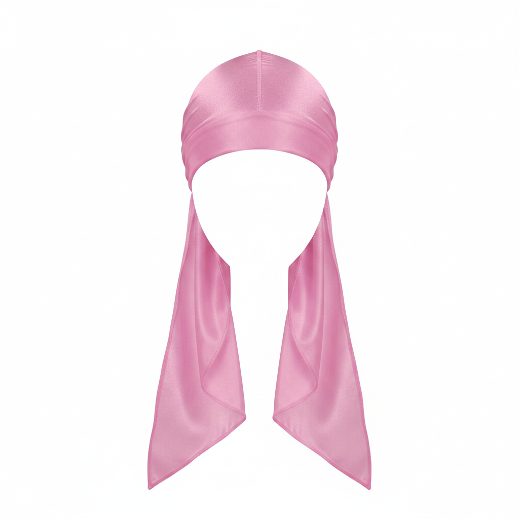 Mr. Durag Premium Silky Deluxe Durag, 1 Count, Pink featuring smooth, silky fabric with a wrinkle-resistant finish, long tails for secure tie, designed for comfortable, durable wave training.