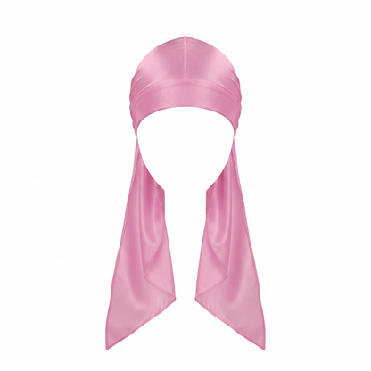 Mr. Durag Premium Silky Deluxe Durag, 1 Count, Pink featuring smooth, silky fabric with a wrinkle-resistant finish, long tails for secure tie, designed for comfortable, durable wave training.