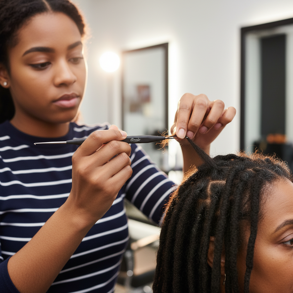 Annie Twist & Lock Comb with Crochet Hook, 1 Count, Black being used by a stylist to neatly section and twist textured natural hair in a modern salon setting.