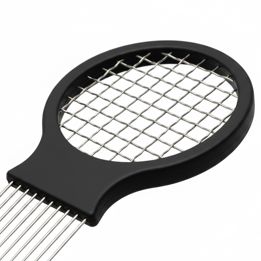 Close-up of a large black twist and pik comb with wide metal teeth and a sturdy mesh handle designed for textured, multicultural hair styling and detangling.