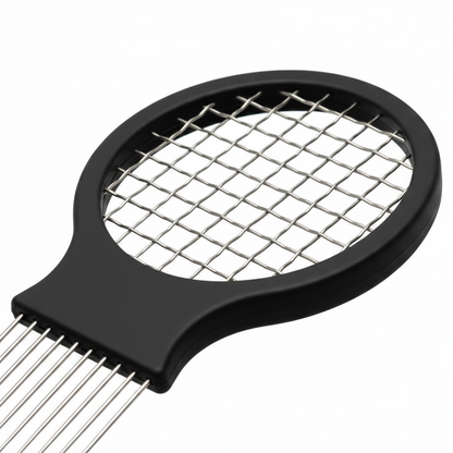 Close-up of a large black twist and pik comb with wide metal teeth and a sturdy mesh handle designed for textured, multicultural hair styling and detangling.