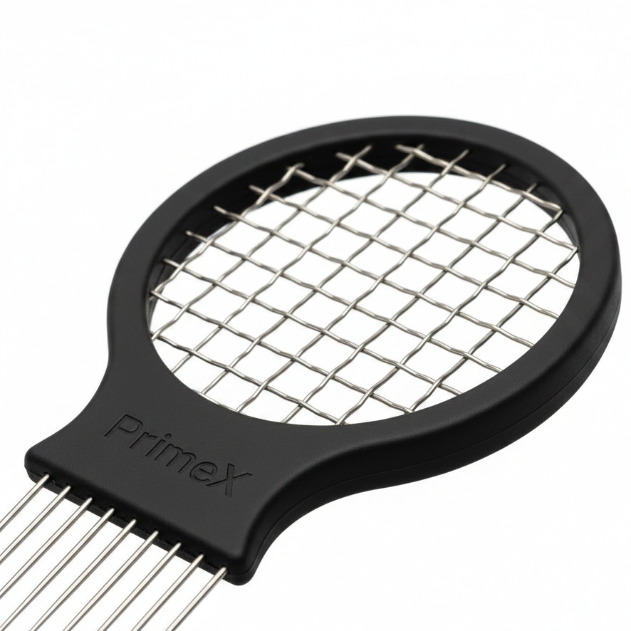 Black metal hair tool with a round grid and metal prongs, designed to easily section and style textured and curly hair without snagging.