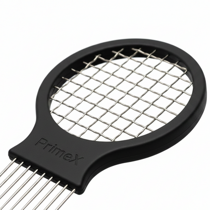Black metal hair tool with a round grid and metal prongs, designed to easily section and style textured and curly hair without snagging.