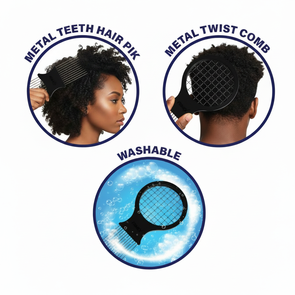 Woman using a black metal twist comb and hair pik on natural textured hair, highlighting metal teeth design and washable feature with bubbles illustration.