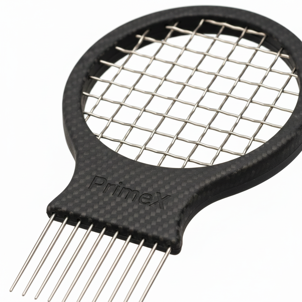 Medium carbon fiber twist and pick comb with metal prongs and a textured handle, designed for easy detangling and styling of textured and multicultural hair.