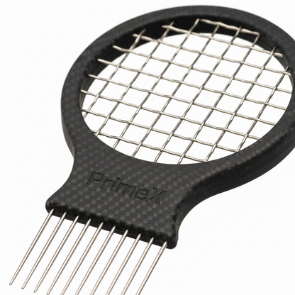 Medium carbon fiber twist and pick comb with metal prongs and a textured handle, designed for easy detangling and styling of textured and multicultural hair.