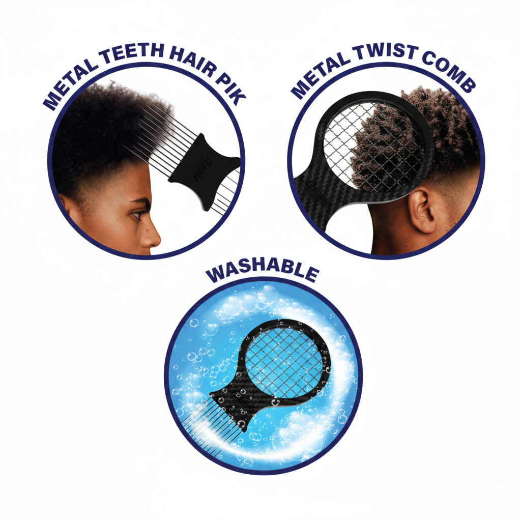 Infographic showing a carbon-colored hair tool with metal teeth used on textured hair, highlighting its metal twist comb feature and washable design in bubbly water.