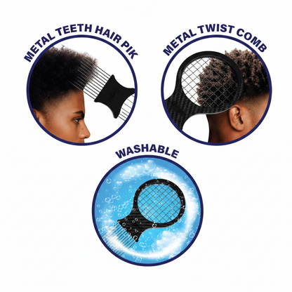 Infographic showing a carbon-colored hair tool with metal teeth used on textured hair, highlighting its metal twist comb feature and washable design in bubbly water.