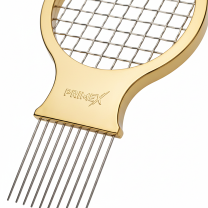Close-up of a gold and silver-tone metal twist and pik comb designed for textured and multicultural hair, featuring long metal prongs and a grid-like handle for precise styling.