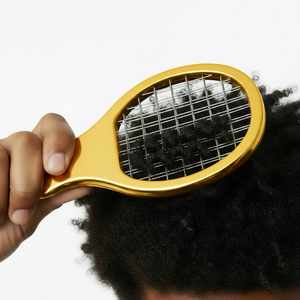 Hand holding a medium-sized gold twist and pik comb gently detangling tight, textured natural hair with no snags.