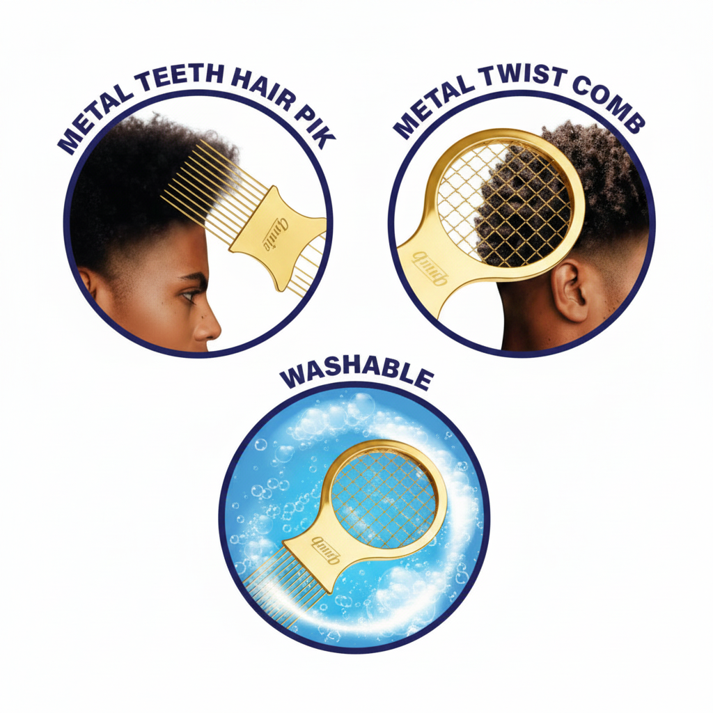 Gold metal twist and pik comb designed for textured hair, shown styling natural curls and highlighted as washable for easy cleaning and durable use.