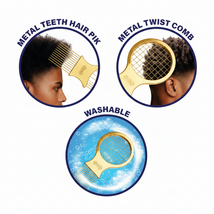 Gold metal twist and pik comb designed for textured hair, shown styling natural curls and highlighted as washable for easy cleaning and durable use.