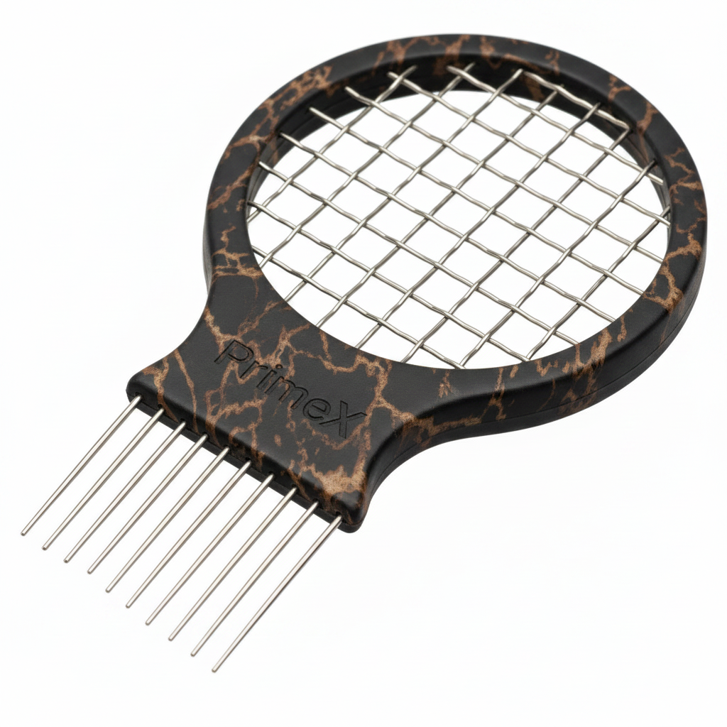 Medium-sized marble-patterned twist and pik comb with metal tines and a wire mesh center designed for textured and multicultural hair care.