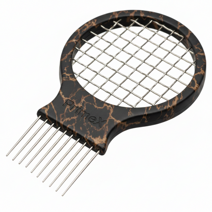 Medium-sized marble-patterned twist and pik comb with metal tines and a wire mesh center designed for textured and multicultural hair care.