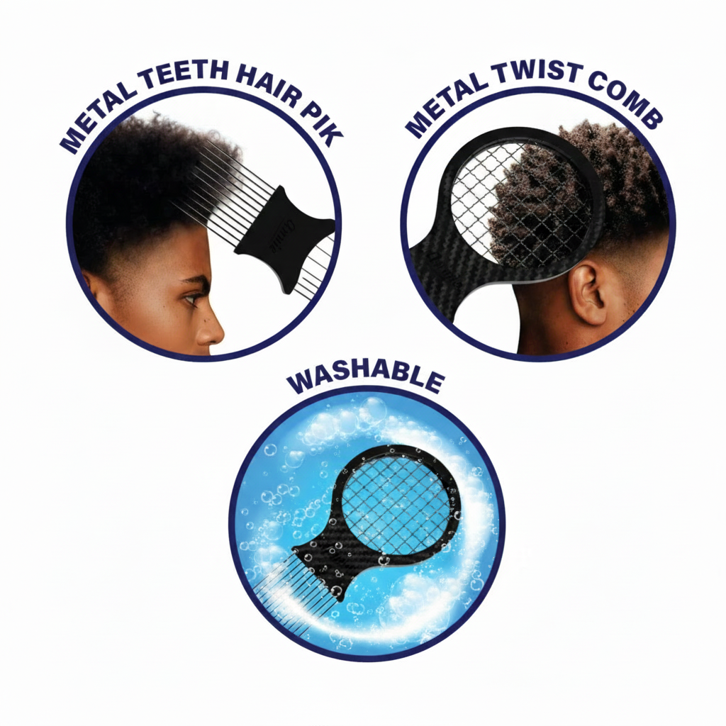 Diagram showing a marble-patterned hair comb with metal teeth used on short, curly hair, highlighting the metal twist comb feature and the comb being washable in soapy water.