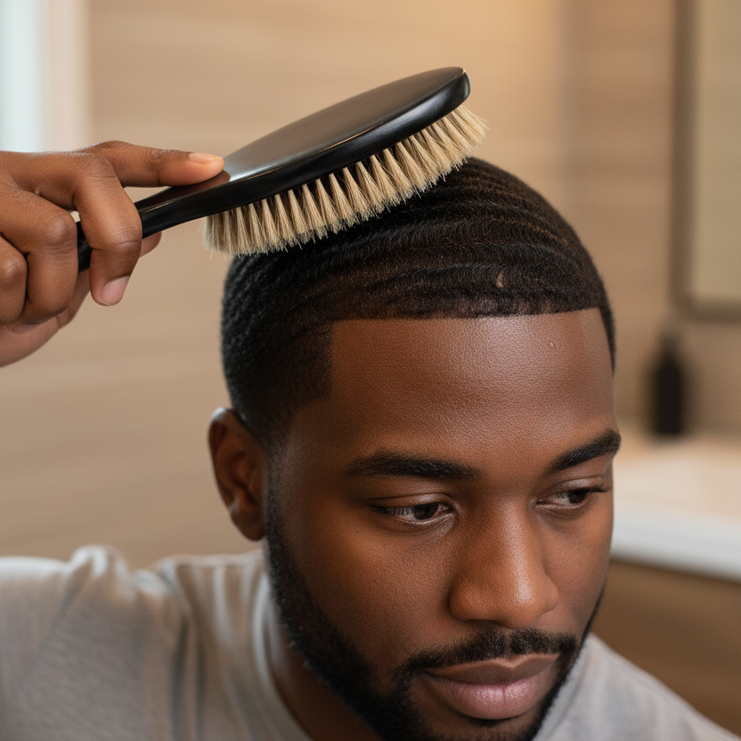 Man using black wave brush with soft boar bristles to style and enhance 360 waves on textured hair, showcasing grooming with Annie International hair care tools.