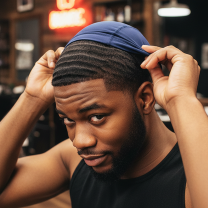 Man adjusting a blue cap in a barbershop with neon lights and chairs.