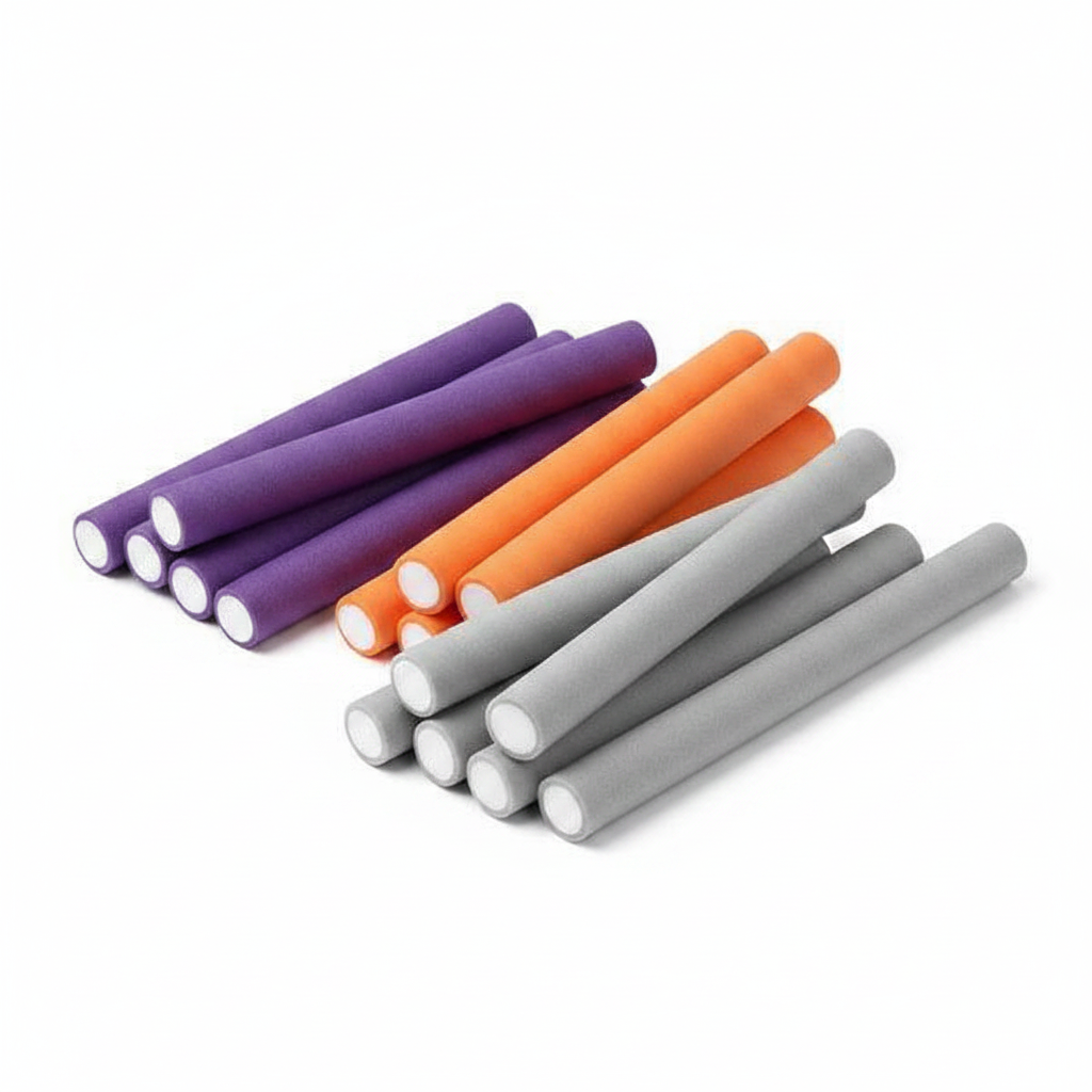 Set of 42 extra-large soft twist rollers in purple, orange, and gray, designed by Annie International for gentle, heat-free styling on textured and natural hair.