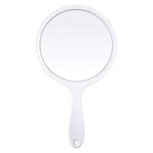 2-Way Hand Mirror 1X & 3X Magnification with white frame and handle for detailed and regular viewing, 6.5-inch diameter.