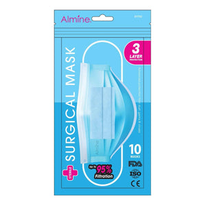 Almine 3-Ply Face Mask One Size 10ct Light Blue with 3 layers, 95% filtration, adjustable nose bridge, and soft ear loops.