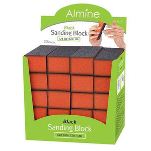 Almine Black Sanding Block Display 20Ct Grit 100/120/180 for smoothing nails, retail or personal use.