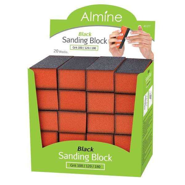 Almine Black Sanding Block Display 20Ct Grit 100/120/180 for smoothing nails, retail or personal use.