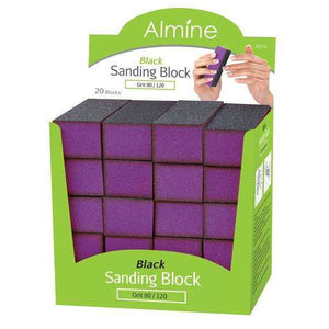 Almine Black Sanding Block Display 20Ct Grit 80/120 with easy grip sanding blocks in green packaging.