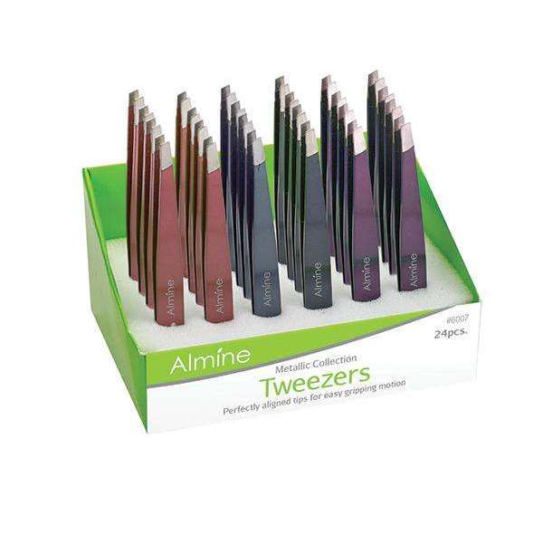 Almine Matte Metallic Slant Tip Tweezers 24ct Display Set Tweezers Almine   