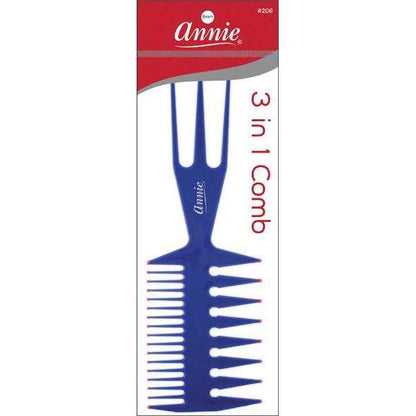 Blue 3-in-1 styling comb with multiple teeth and pointed prongs designed for versatile sectioning, detangling, and styling of textured and natural hair by Annie International.