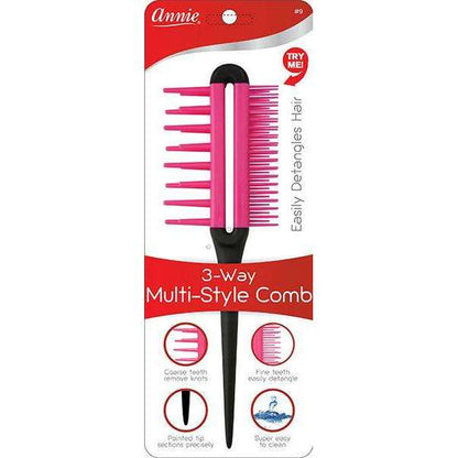 Pink 3-way multi-style comb with coarse, fine, and pointed teeth designed for easy detangling and precision styling of textured and natural hair.