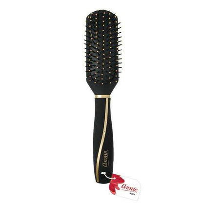 Black paddle brush with seven rows of ball-tipped bristles and cushioned base, featuring a sleek ergonomic handle with gold accents for gentle detangling of textured hair.