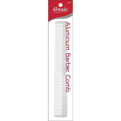 Silver aluminum barber comb with fine and wide teeth, designed for smooth, precise cutting and styling textured and natural hair by Annie International.