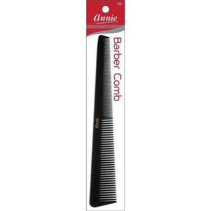 Black barber comb with fine and wide teeth for precise sectioning and styling, designed for textured and natural hair by Annie International.